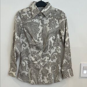 ETRO Cream Beige Black Paisley Patterned Women’s Button Down Tailored Shirt XS